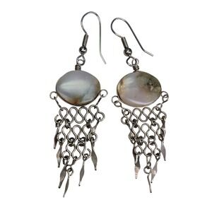 Boho Gemstone Tassel Earrings Long Dangle Silver Tone Chain Womens